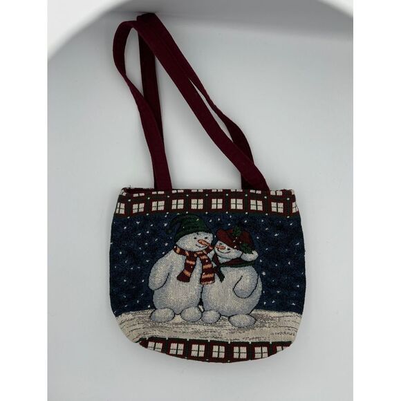 Festive Snowman Winter Holiday Tapestry Tote Bag with Burgundy Straps VINTAGE - Picture 1 of 6